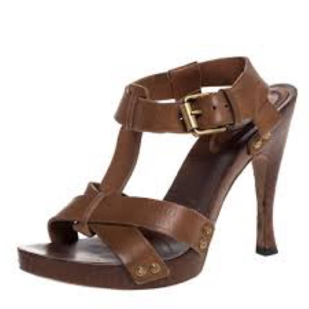 Bottega Veneta Tan Embossed Leather T Strap Wooden Platform Sandals